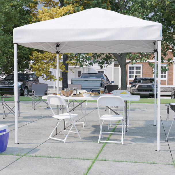 Otis Portable Tailgate/Event Tent Set - 8'x8' White Pop Up Canopy Tent, 6-Foot Bi-Fold Table, Set of 4 White Folding Chairs