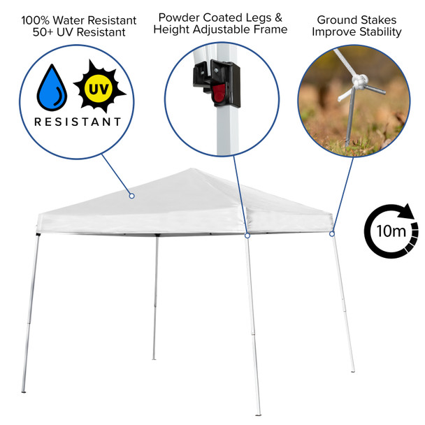 Otis Portable Tailgate/Event Tent Set - 8'x8' White Pop Up Canopy Tent, 6-Foot Bi-Fold Table, Set of 4 White Folding Chairs