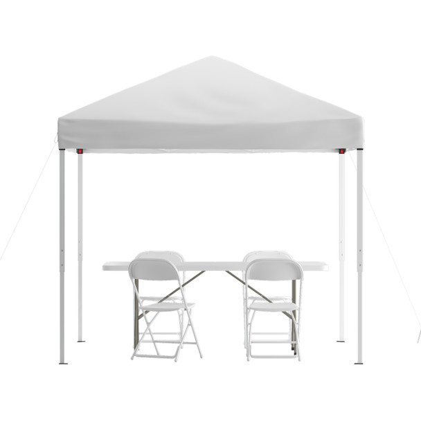 Otis Portable Tailgate/Event Tent Set - 8'x8' White Pop Up Canopy Tent, 6-Foot Bi-Fold Table, Set of 4 White Folding Chairs