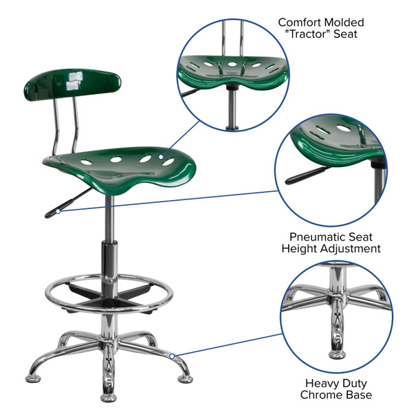 Bradley Vibrant Green and Chrome Drafting Stool with Tractor Seat