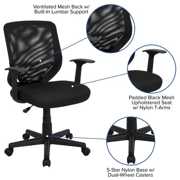 Norris Mid-Back Black Mesh Tapered Back Swivel Task Office Chair with T-Arms