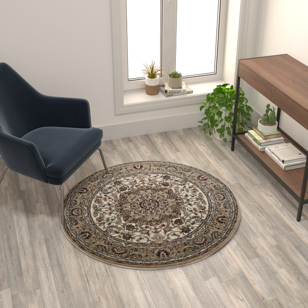 Mersin Collection Persian Style 4x4 Ivory Round Area Rug-Olefin Rug with Jute Backing-Hallway, Entryway, Bedroom, Living Room
