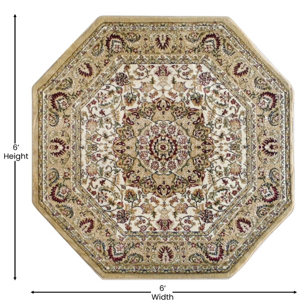 Mersin Collection Persian Style 5x5 Ivory Octagon Area Rug-Olefin Rug with Jute Backing-Hallway, Entryway, Bedroom, Living Room