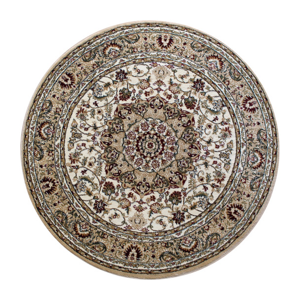 Mersin Collection Persian Style 5x5 Ivory Round Area Rug-Olefin Rug with Jute Backing-Hallway, Entryway, Bedroom, Living Room