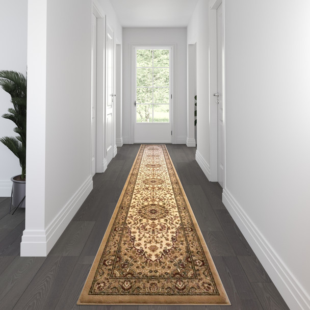 Mersin Collection Persian Style 3' x 15' Ivory Area Rug - Olefin Rug with Jute Backing - Hallway, Entryway, Bedroom, Living Room