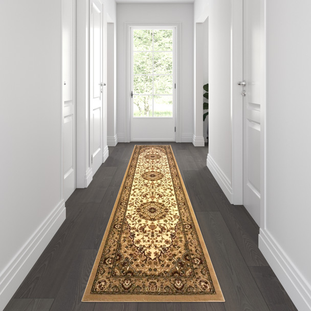 Mersin Collection Persian Style 3' x 10' Ivory Area Rug - Olefin Rug with Jute Backing - Hallway, Entryway, Bedroom, Living Room