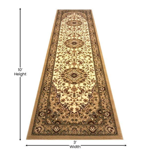 Mersin Collection Persian Style 3' x 10' Ivory Area Rug - Olefin Rug with Jute Backing - Hallway, Entryway, Bedroom, Living Room