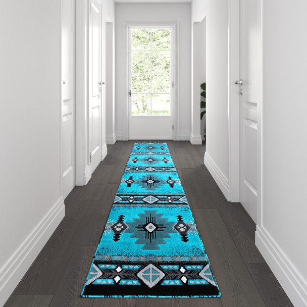 Mohave Collection 2' x 11' Turquoise Traditional Southwestern Style Area Rug - Olefin Fibers with Jute Backing