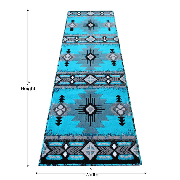 Mohave Collection 2' x 7' Turquoise Traditional Southwestern Style Area Rug - Olefin Fibers with Jute Backing