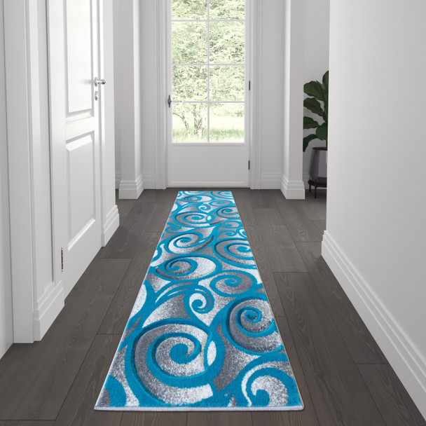 Willow Collection Modern High-Low Pile Swirled 2' x 7' Turquoise Area Rug - Olefin Accent Rug - Entryway, Bedroom, Living Room