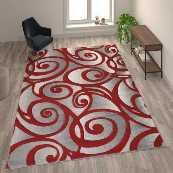Willow Collection Modern High-Low Pile Swirled 8' x 10' Red Area Rug - Olefin Accent Rug - Entryway, Bedroom, Living Room