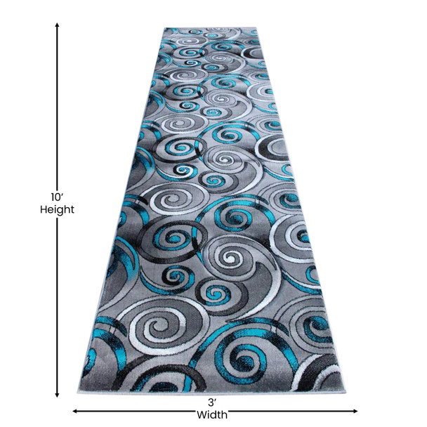 Masie Collection 3' x 10' Turquoise Swirl Olefin Area Rug with Jute Backing - Entryway, Living Room, Bedroom