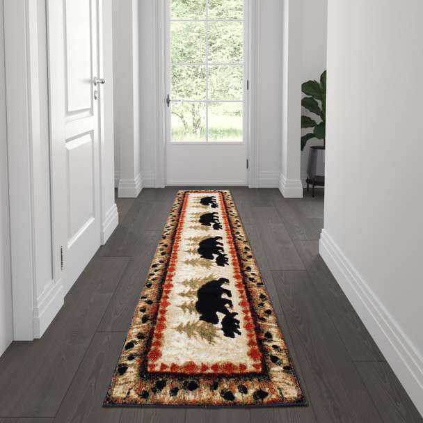 Ursus Collection 2' x 7' Rustic Lodge Wandering Black Bear and Cub Area Rug with Jute Backing