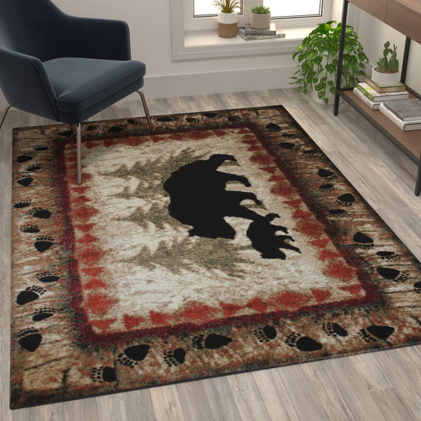 Ursus Collection 5' x 7' Rustic Lodge Wandering Black Bear and Cub Area Rug with Jute Backing