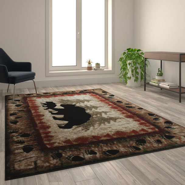 Ursus Collection 6' x 9' Rustic Lodge Wandering Black Bear and Cub Area Rug with Jute Backing