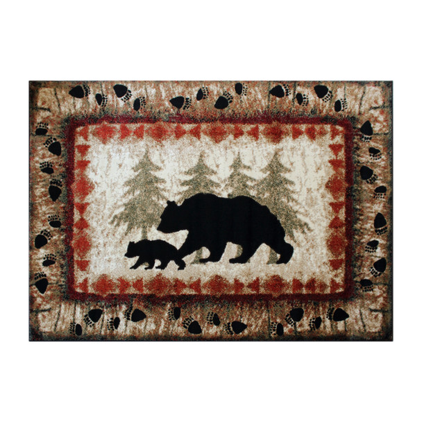 Ursus Collection 6' x 9' Rustic Lodge Wandering Black Bear and Cub Area Rug with Jute Backing