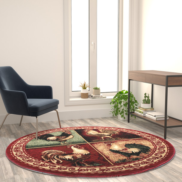 Gallus Collection 6' x 6' Round Red Rooster Themed Olefin Area Rug with Jute Backing for Kitchen, Living Room, Bedroom