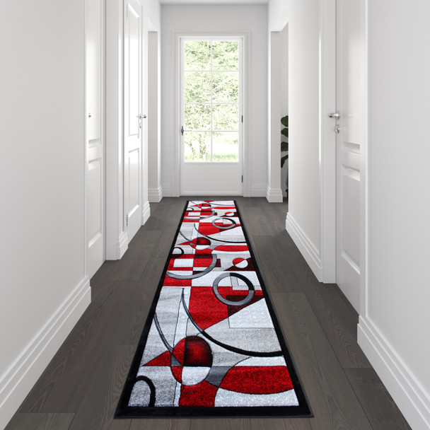 Elias Collection 3' x 10' Red Geometric Abstract Area Rug - Olefin Rug with Jute Backing - Hallway, Entryway, or Bedroom