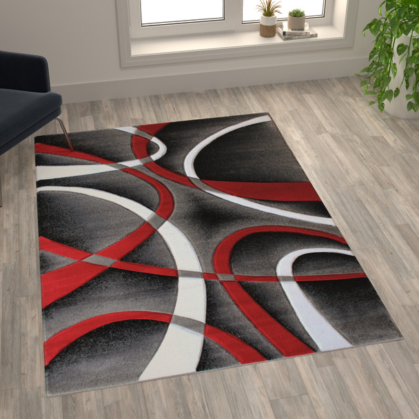 Atlan Collection 5' x 7' Red Abstract Area Rug - Olefin Rug with Jute Backing - Entryway, Living Room or Bedroom