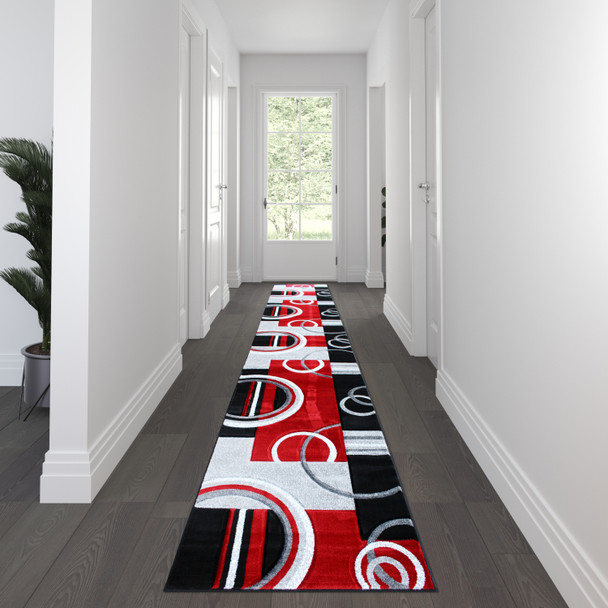 Audra Collection 3' x 16' Red Abstract Area Rug - Olefin Rug with Jute Backing - Entryway, Living Room, or Bedroom