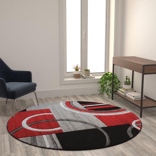 Audra Collection Round 5' x 5' Red Abstract Area Rug - Olefin Rug with Jute Backing - Entryway, Living Room, or Bedroom