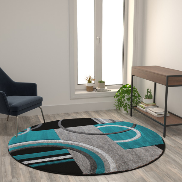 Audra Collection Round 5' x 5' Turquoise Abstract Area Rug - Olefin Rug with Jute Backing - Entryway, Living Room, or Bedroom