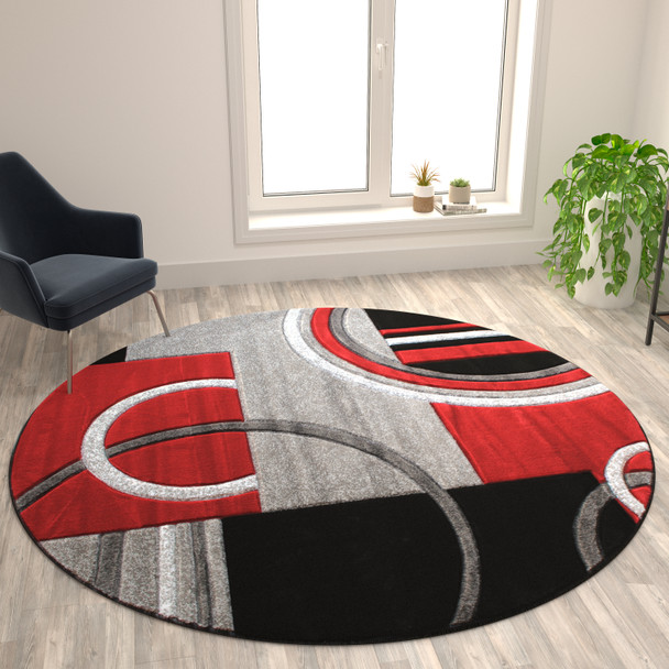 Audra Collection Round 8' x 8' Red Abstract Area Rug - Olefin Rug with Jute Backing - Entryway, Living Room, or Bedroom