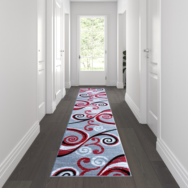 Valli Collection 2' x 11' Red Abstract Area Rug - Olefin Rug with Jute Backing - Hallway, Entryway, Bedroom, Living Room