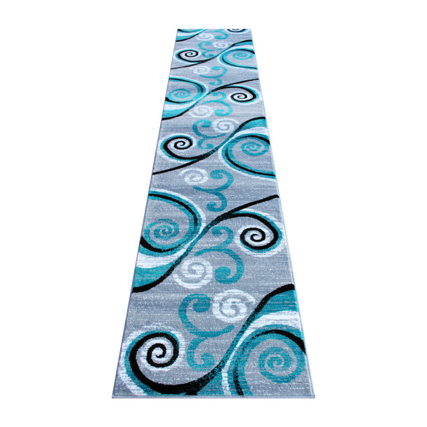 Valli Collection 2' x 11' Turquoise Abstract Area Rug - Olefin Rug with Jute Backing - Hallway, Entryway, Bedroom, Living Room