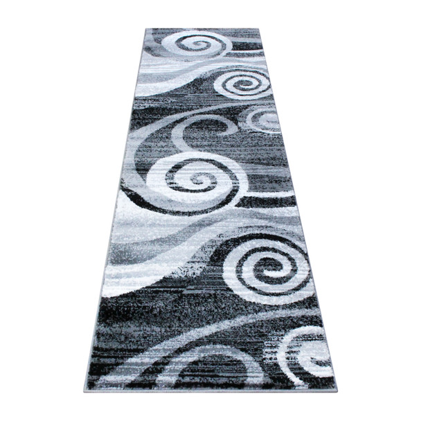 Cirrus Collection 2' x 7' Gray Swirl Patterned Olefin Area Rug with Jute Backing for Entryway, Living Room, Bedroom