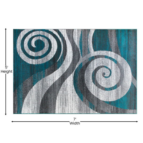 Cirrus Collection 5' x 7' Turquoise Swirl Patterned Olefin Area Rug with Jute Backing for Entryway, Living Room, Bedroom