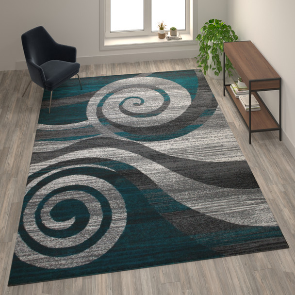 Cirrus Collection 8' x 10' Turquoise Swirl Patterned Olefin Area Rug with Jute Backing for Entryway, Living Room, Bedroom