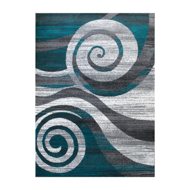 Cirrus Collection 8' x 10' Turquoise Swirl Patterned Olefin Area Rug with Jute Backing for Entryway, Living Room, Bedroom