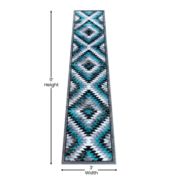 Teagan Collection Southwestern 2' x 11' Turquoise Area Rug - Olefin Rug with Jute Backing - Entryway, Living Room, Bedroom