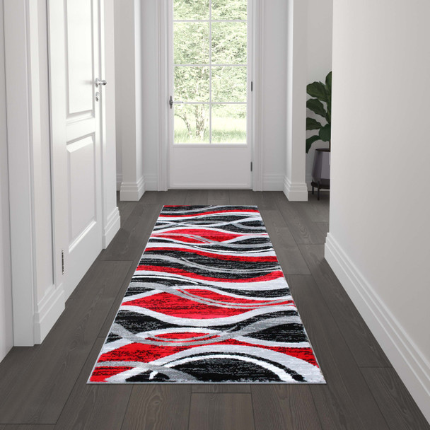 Wisp Collection 2' x 7' Red Rippled Olefin Area Rug with Jute Backing for Entryway, Living Room, Bedroom