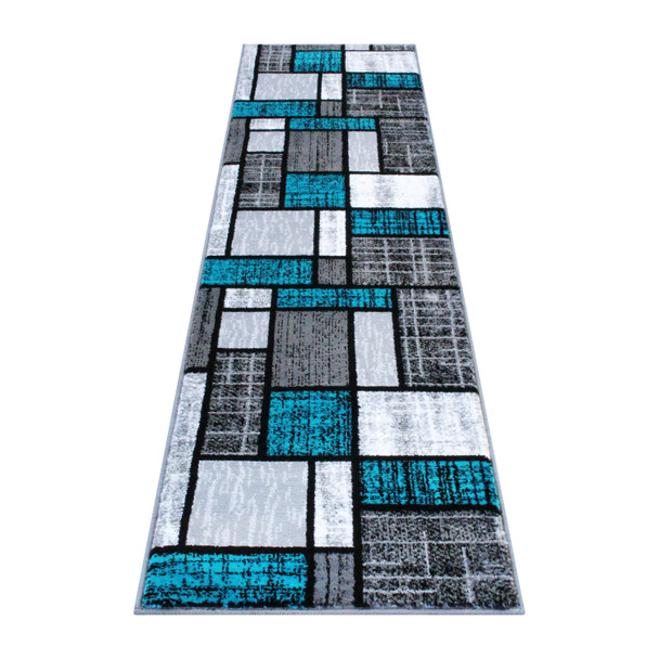 Raven Collection 2' x 7' Turquoise Color Bricked Olefin Area Rug with Jute Backing for Entryway, Living Room, Bedroom