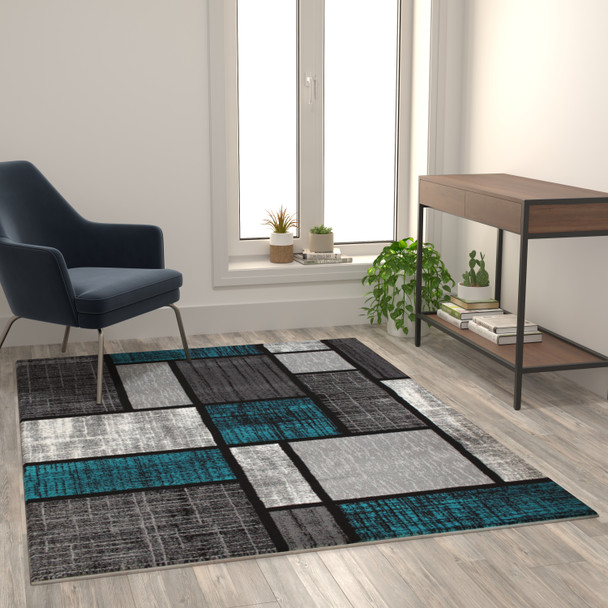 Raven Collection 5' x 7' Turquoise Color Bricked Olefin Area Rug with Jute Backing for Entryway, Living Room, Bedroom