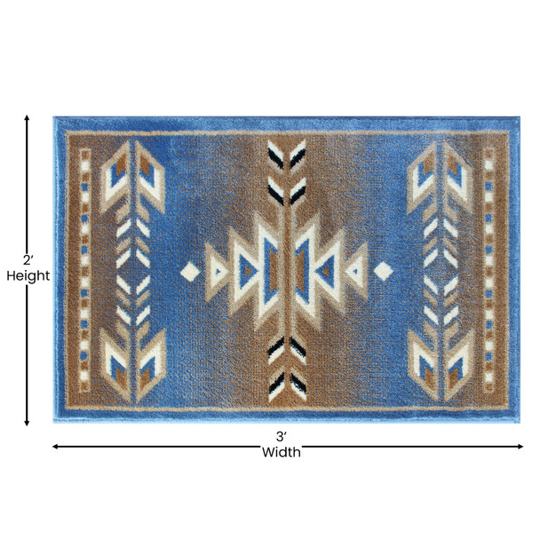 Lodi Collection Southwestern 2' x 3' Blue Area Rug - Olefin Rug with Jute Backing for Hallway, Entryway, Bedroom, Living Room