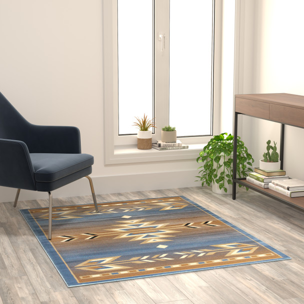 Lodi Collection Southwestern 4' x 5' Blue Area Rug - Olefin Rug with Jute Backing for Hallway, Entryway, Bedroom, Living Room