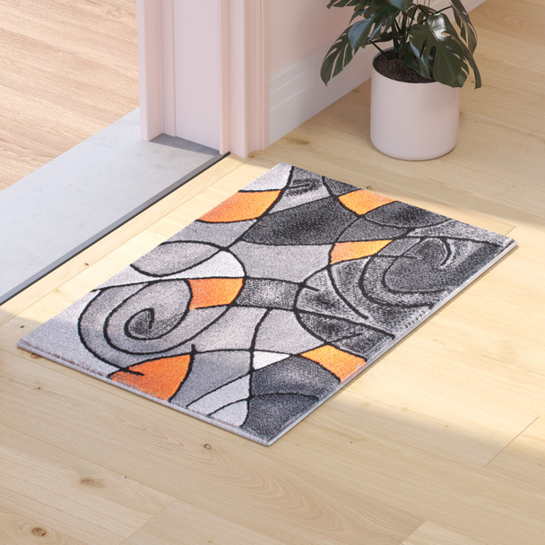 Jubilee Collection 2' x 3' Orange Abstract Pattern Area Rug - Olefin Rug with Jute Backing for Hallway, Entryway, or Bedroom