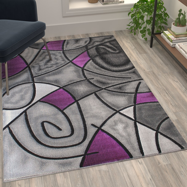 Jubilee Collection 3' x 5' Purple Abstract Area Rug - Olefin Rug with Jute Backing - Living Room, Bedroom, & Family Room