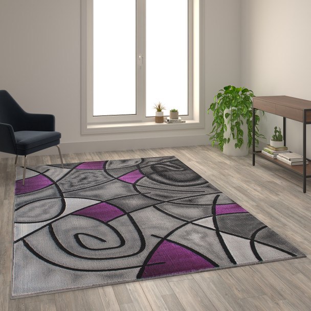 Jubilee Collection 6' x 9' Purple Abstract Area Rug - Olefin Rug with Jute Backing - Living Room, Bedroom, & Family Room