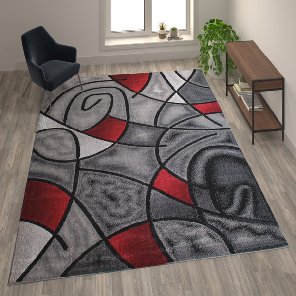 Jubilee Collection 8' x 10' Red Abstract Area Rug - Olefin Rug with Jute Backing - Living Room, Bedroom, & Family Room