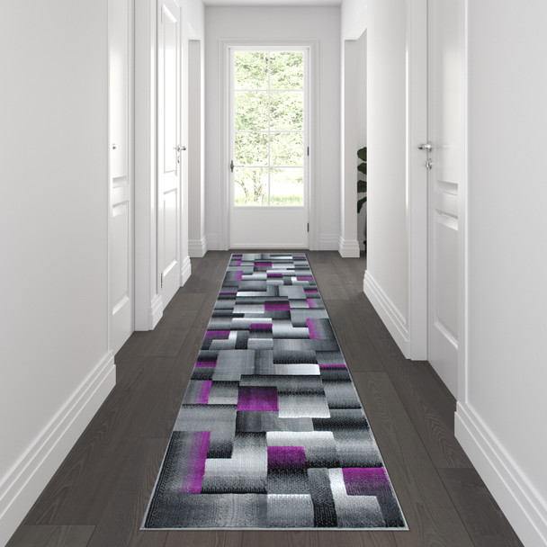 Elio Collection 2' x 10' Purple Color Blocked Area Rug - Olefin Rug with Jute Backing - Entryway, Living Room, or Bedroom