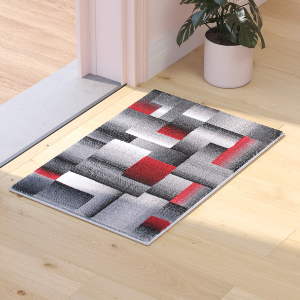 Elio Collection 2' x 3' Red Color Blocked Area Rug - Olefin Rug with Jute Backing - Entryway, Living Room, or Bedroom