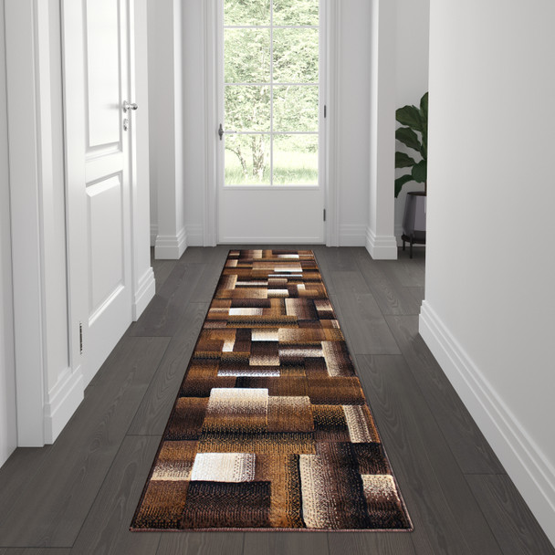 Elio Collection 2' x 7' Chocolate Color Blocked Area Rug - Olefin Rug with Jute Backing - Entryway, Living Room, or Bedroom