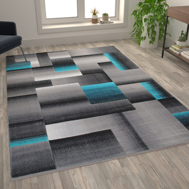 Elio Collection 6' x 9' Turquoise Color Blocked Area Rug - Olefin Rug with Jute Backing - Entryway, Living Room, or Bedroom