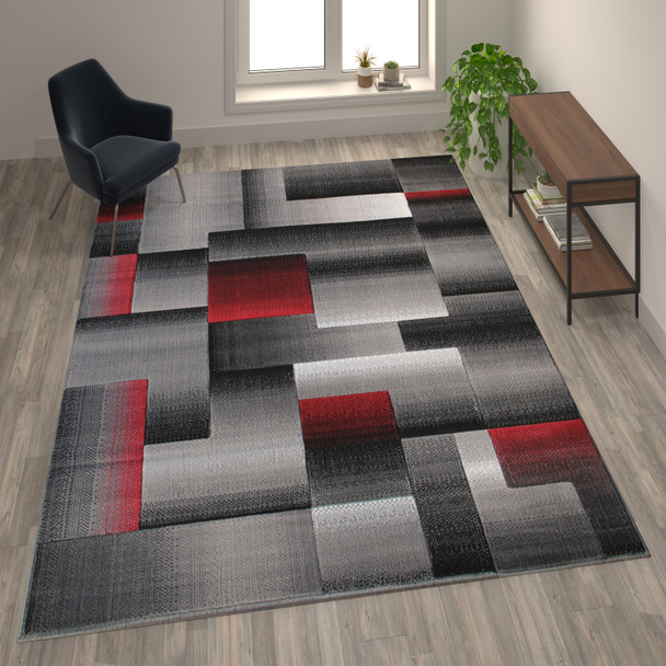 Elio Collection 8' x 10' Red Color Blocked Area Rug - Olefin Rug with Jute Backing - Entryway, Living Room, or Bedroom