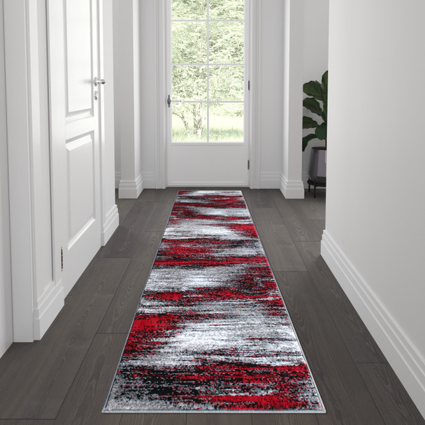 Rylan Collection 2' x 7' Orange Abstract Area Rug - Olefin Rug with Jute Backing for Hallway, Entryway, Bedroom, Living Room