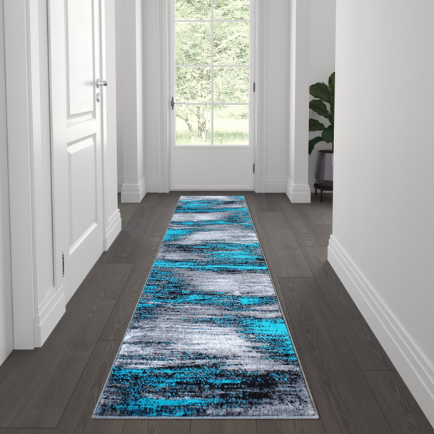 Rylan Collection 2' x 7' Turquoise Abstract Area Rug-Olefin Rug with Jute Backing for Hallway, Entryway, Bedroom, Living Room